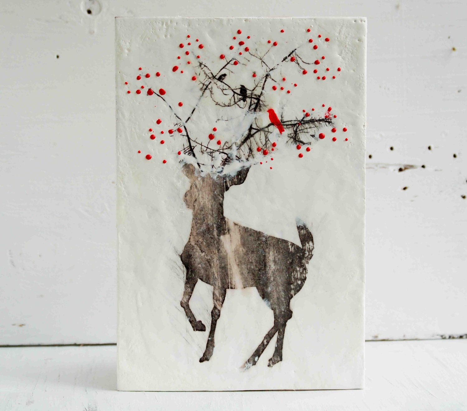 Holiday DEER Original Encaustic Painting RED Berries RED Bird Christmas Snow