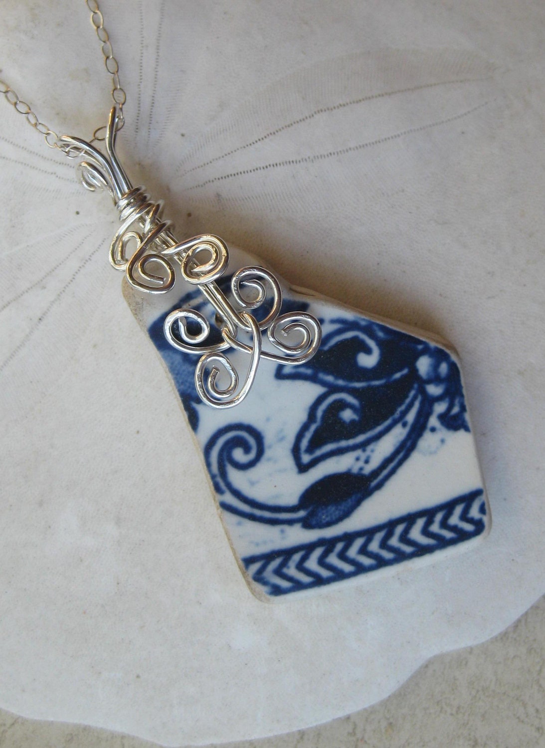 Floral Beach Pottery Pendant - Lovely Blues and White - Victorian