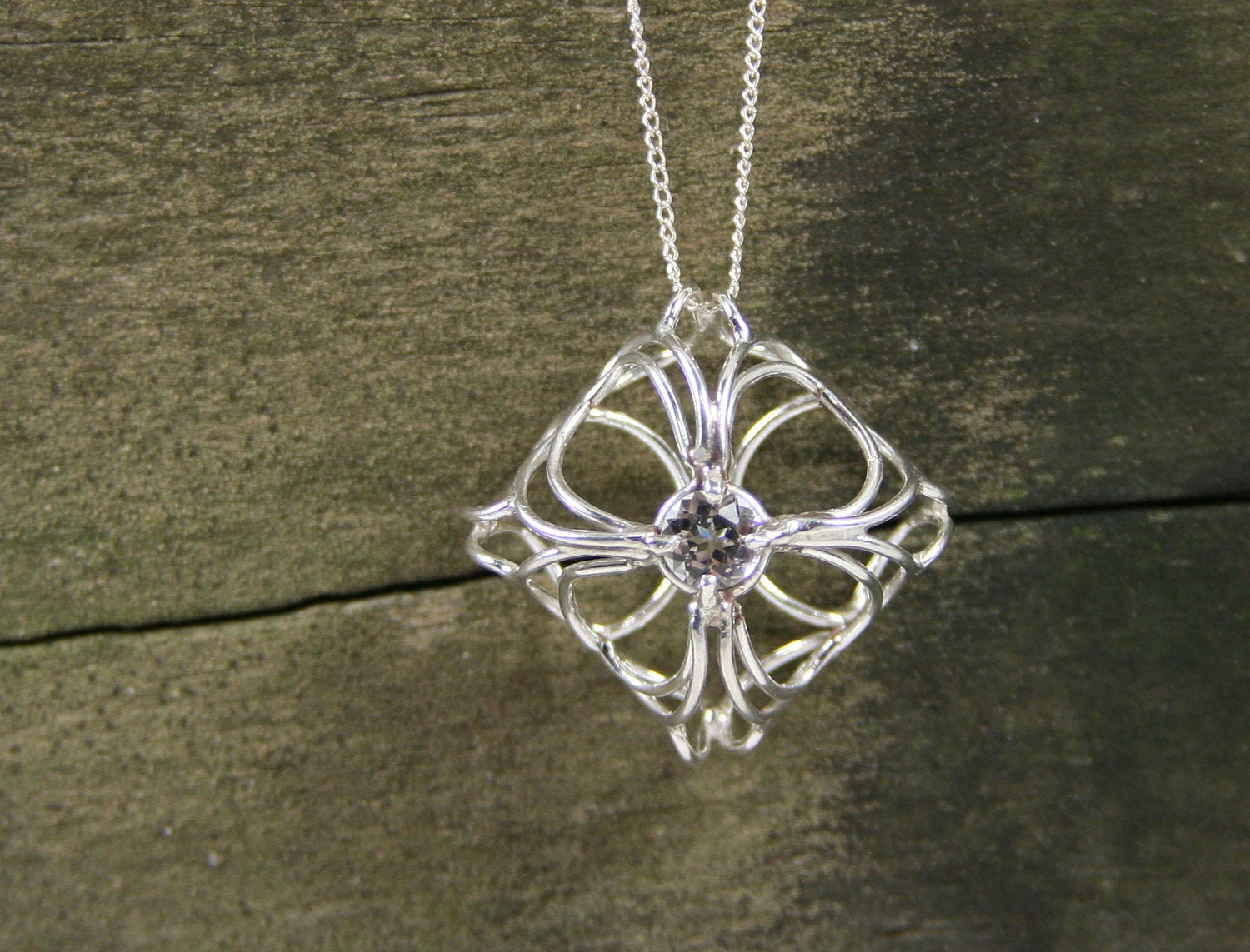 White Topaz Pendant, Sterling Silver Necklace, Handmade Ornate Filigree Pendant
