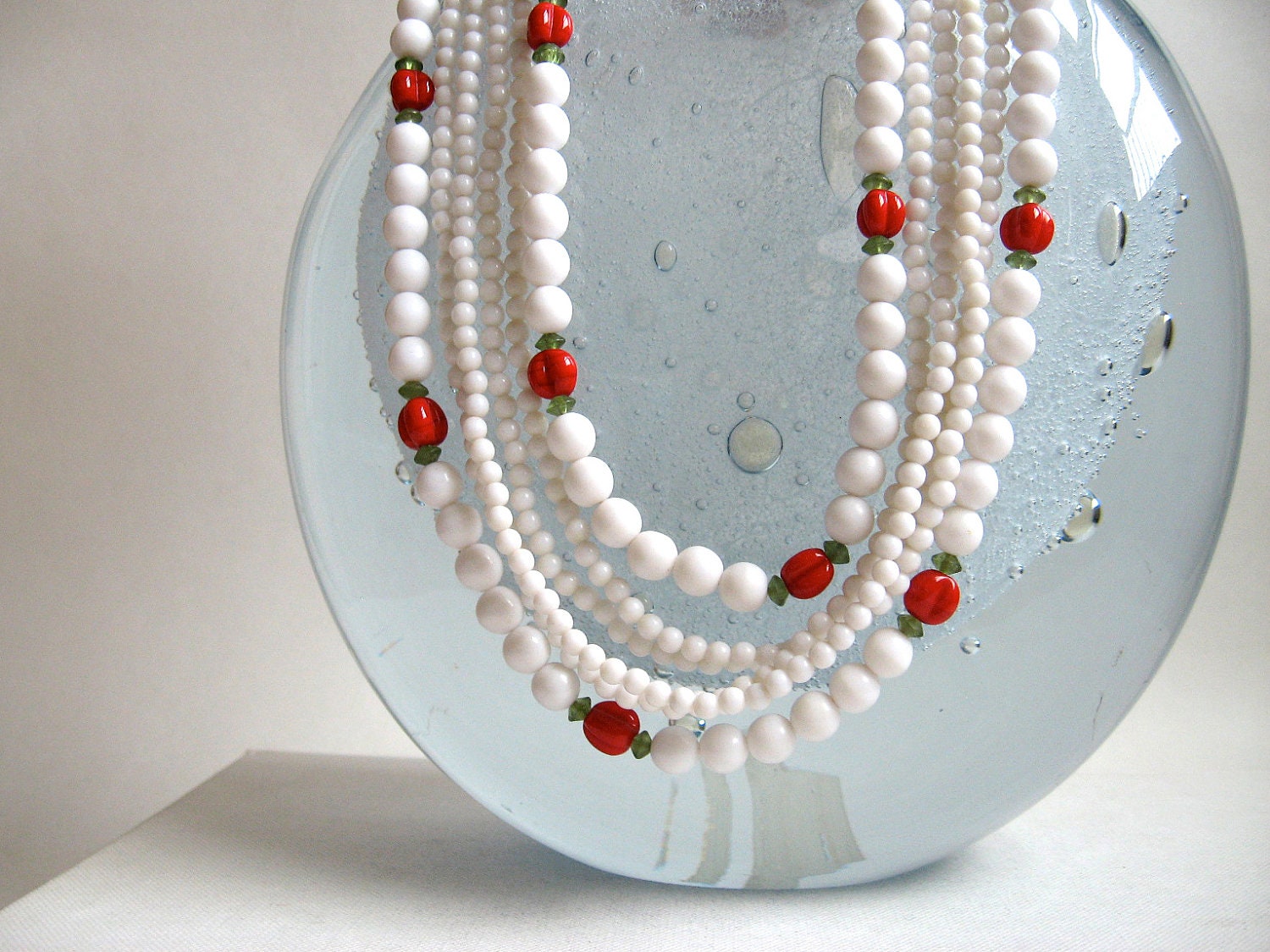 Beaded Cherry Necklace Milk Glass 1950s Japan
