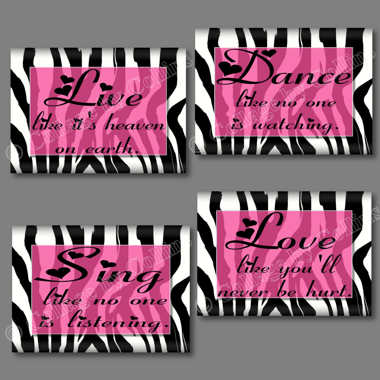 PINK Black Zebra Print Dance Live Love Sing Quote Art Girl Wall Decor Hearts