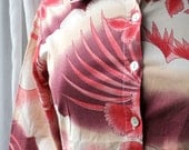 Vintage Nineties French Floral Pink Kimono Print Shirt/ Vintage Red and Pink Spring Shirt