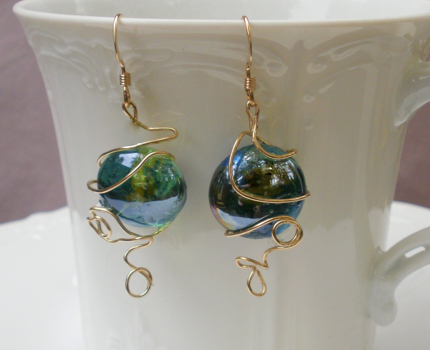 Blue and Green Wire Wrapped Earrings