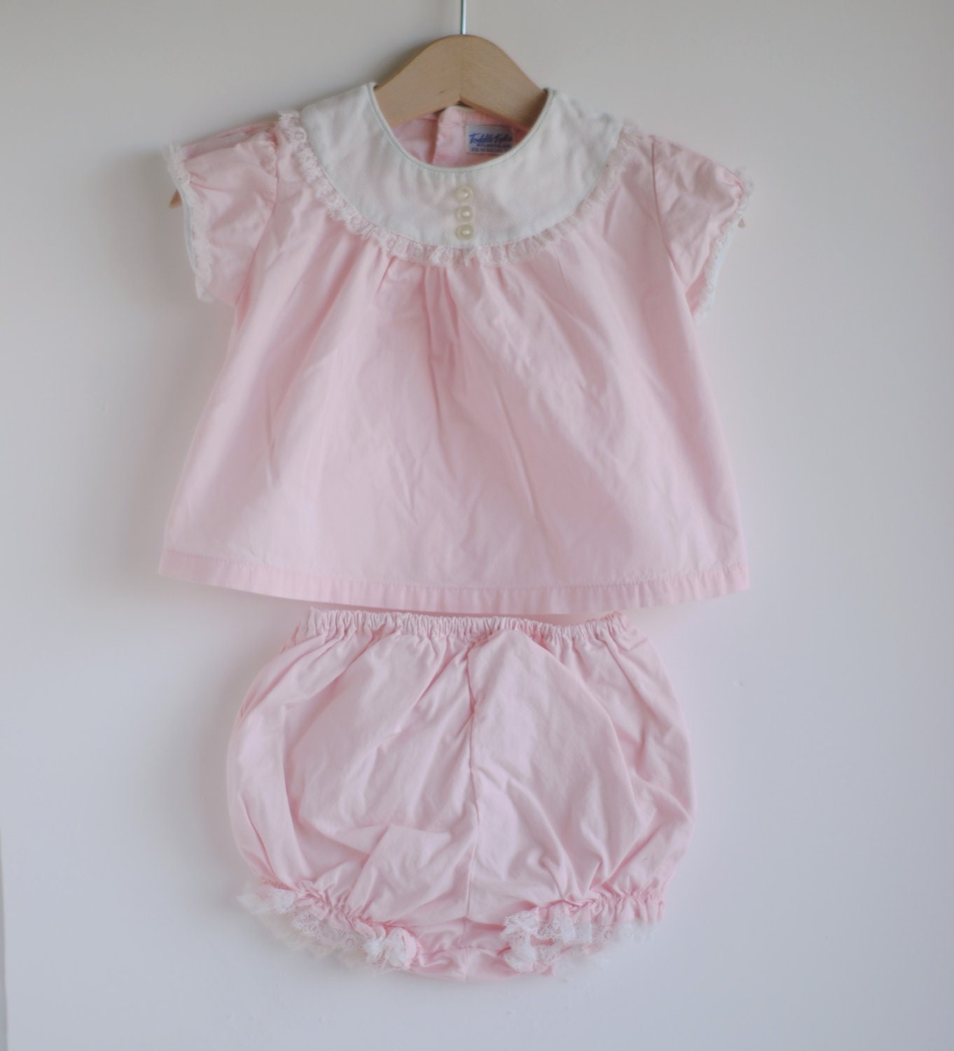 Vintage 1960's Baby Girl Outfit - Pink with White Yoke and Bloomers (9m)