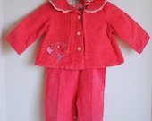 Vintage 1950's Baby Girl Jacket, Overalls, and Bonnet Set - PINK Bear (6m)