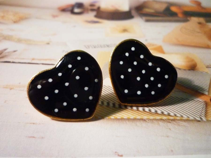 Polka Dot Heart Earrings - Black