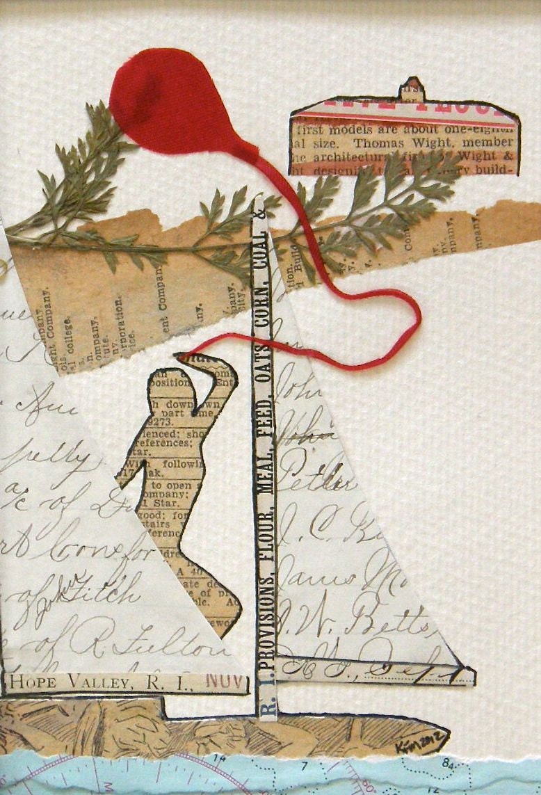 Collage, Art Print, Matted -- Sail Boat, Red Balloon, Ocean