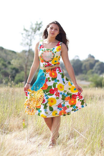 Womens vintage upcycled eco chic doily flower dress size small medium - BaysideBoutique