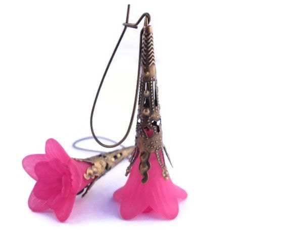 Mother's Day Sale, Pink Flower Earrings-Hot Pink Lucite Trumpet Flower Earrings with Antique Bronze Findings & Kidney Earwires