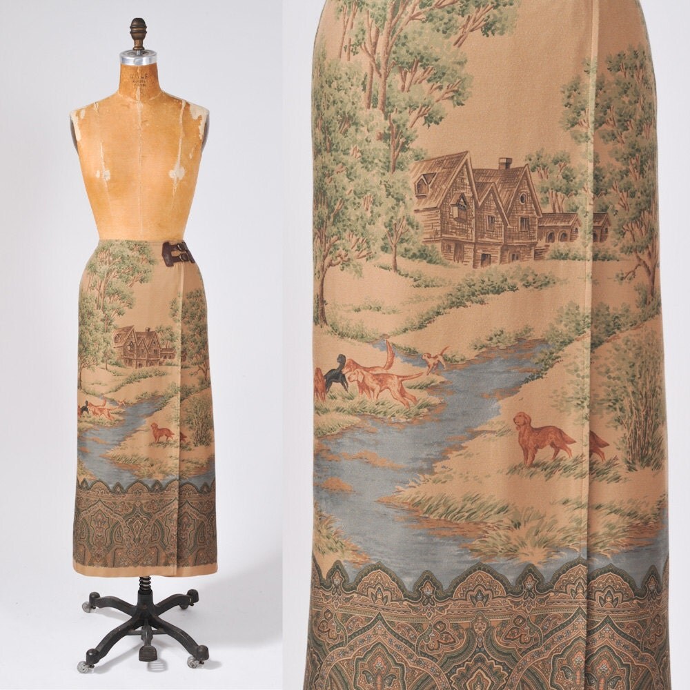 Vintage Landscape Wool Wrap Skirt - Ralph Lauren Designer Hunt Skirt - Taupe Brown Dogs and Trees