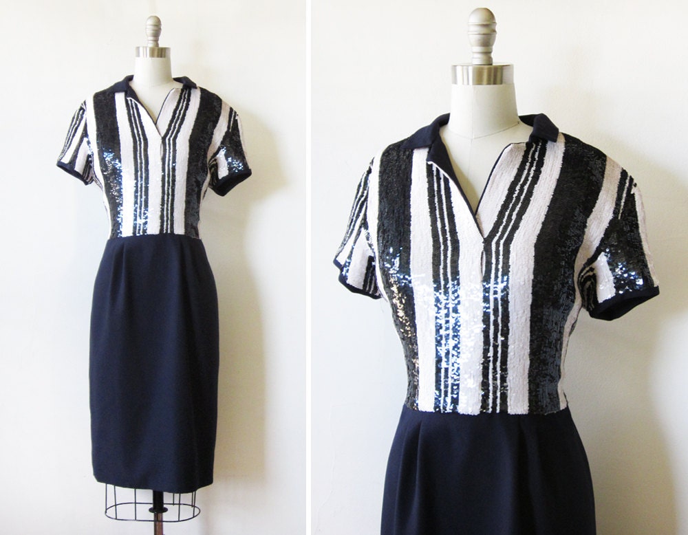 1970s sequin dress / vintage navy sequin silk dress / 70s striped sequin dress