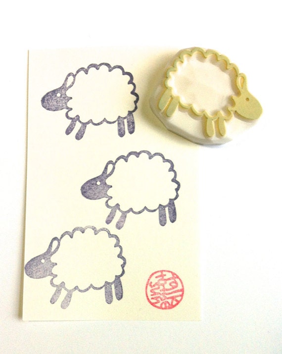 sheep rubber stamp - hand carved rubber stamp - handmade rubber stamp - running sheep - READY TO SHIP