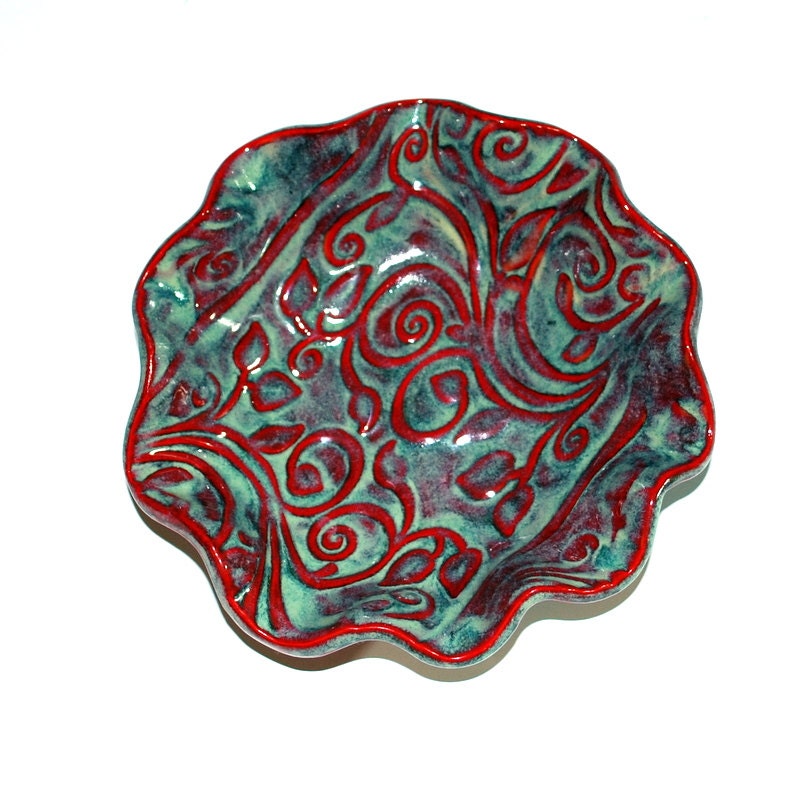 Ceramic texture bowl, scalloped edges, candy dish,  hostess  gift, shower  gift,  5.5  in, red, moss green