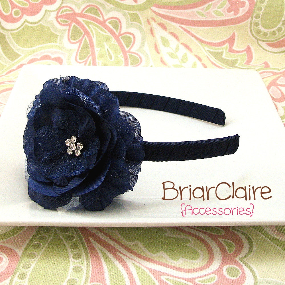 Angelica - Navy Headband with a Navy Rhinestone Center Flower