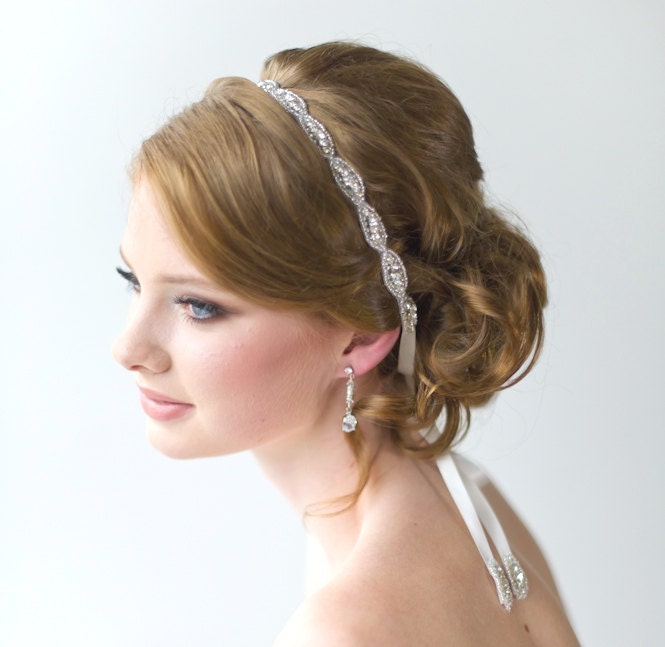 Bridal Ribbon Headband, Luxe Satin Ribbon Headband, Wedding Head Piece, Beaded Ribbon Headband