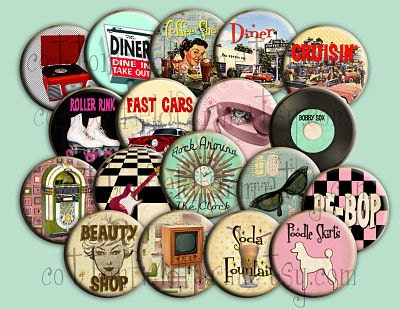 Fabulous Fifties Pin Back Buttons for Party favors, Weddings, Showers, Retro Parties, Poodle Skirts, Roller Rinks, Records