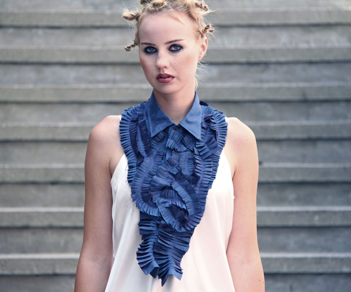Pleated peacock blue huge jabot - One of a kind