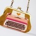 Party purse - Retro typewriters in plum and gold - metal frame handbag with shoulder strap