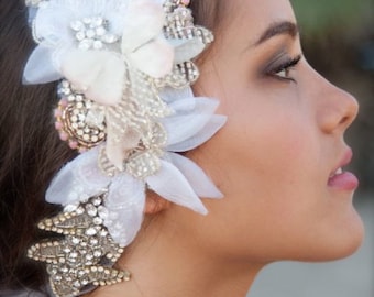 One of a kind Crystal and Petal Head Dress - Blush Tones