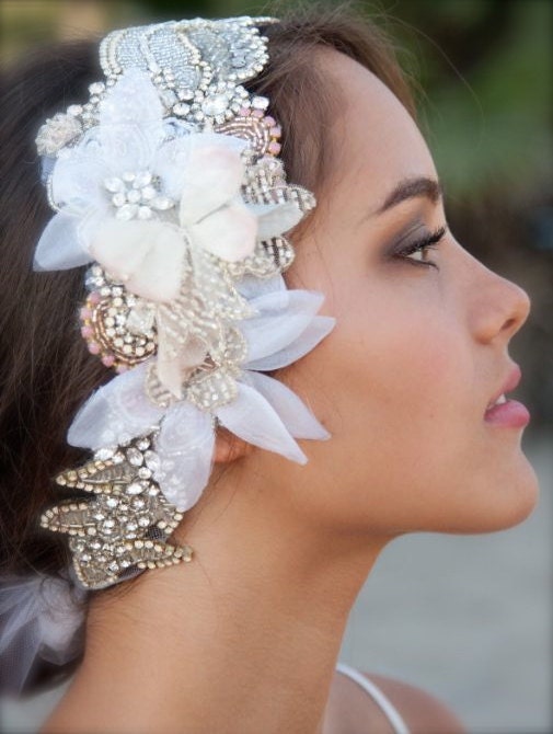 One of a kind Crystal and Petal Head Dress - Blush Tones