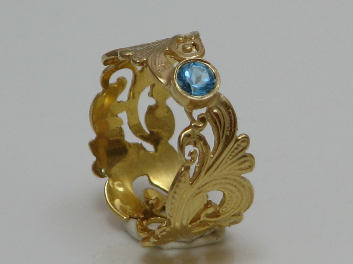 Vintage Gold Ring ,Woman Gift, Hand Made Design Ring set with BlueTopaz Stone .
