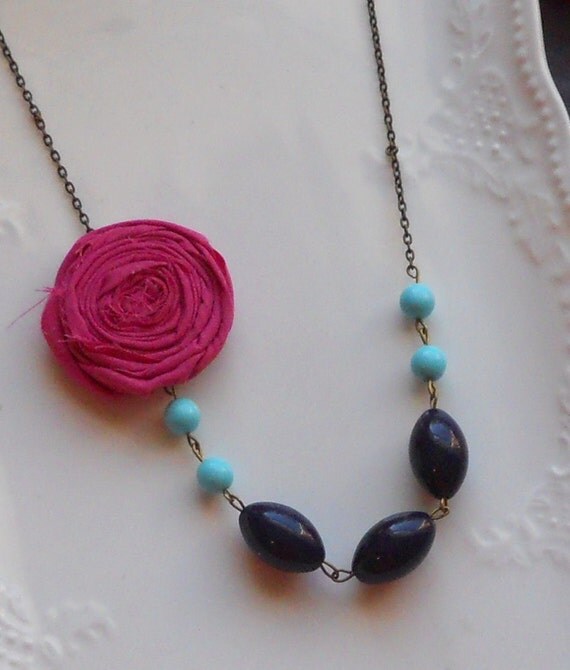 Fuchsia Rosette with Aqua and Navy Beads