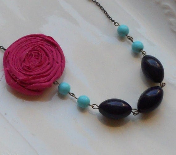 Fuchsia Rosette with Aqua and Navy Beads