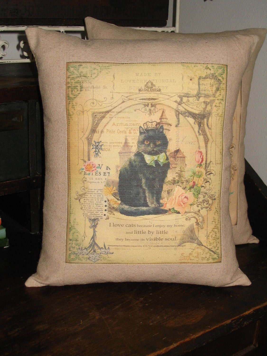 French Vintage Inspired Cat Pillow Shabby Throw Pillow