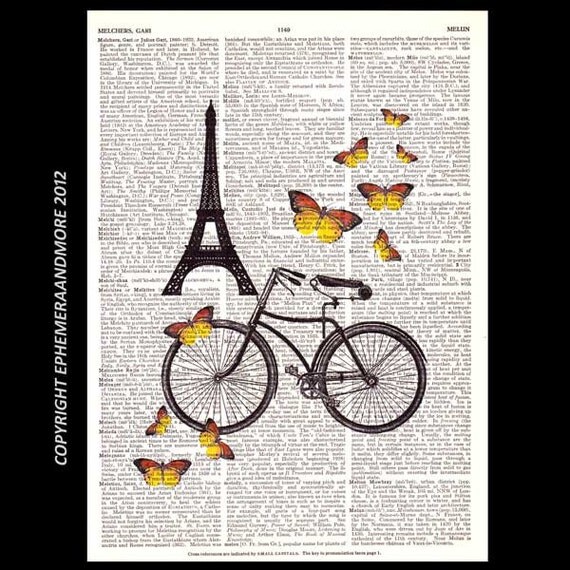 Vintage Bicycle art print PARIS Tour de Eiffel France summer butterflies bike dictionary print vintage upcycled book page 8x10