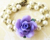 Flower Bracelet Pearl Bridesmaid Jewelry Beaded Bracelet Purple Jewelry Purple Bracelet