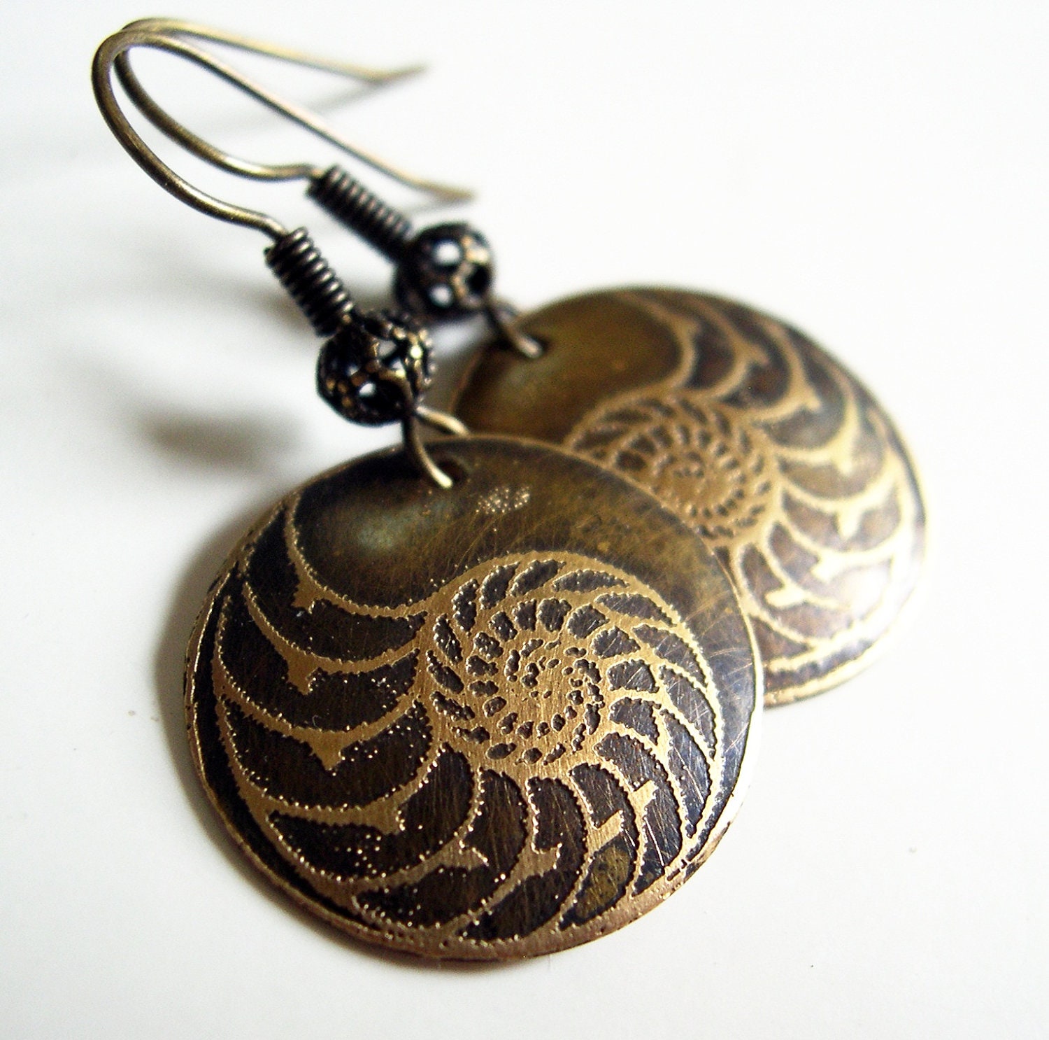 Etched Brass Nautilus Earrings