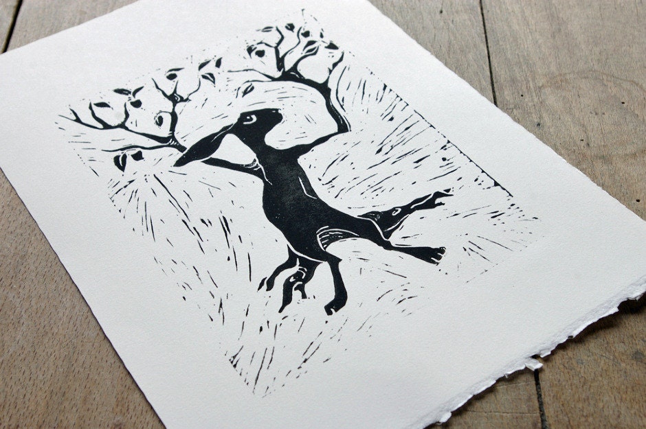 Original hare linocut print. Dusk. Crépuscule au Verger
