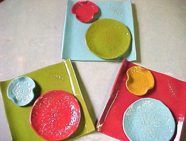 Fiesta Colors 3 Square Plate Sets Sushi Appetizer Tidbit Aqua Lime Red Wasabi Sauce Dish Lacy Textures Food Safe Unique OOAK