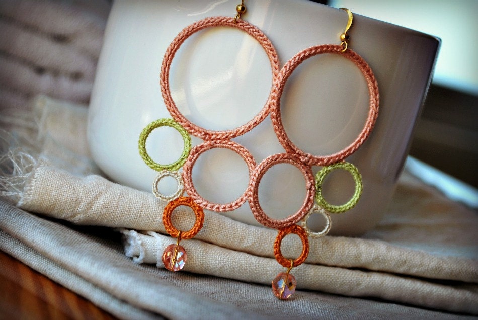 Large Bubble Crochet Earrings. Pale Pastels. Pink Green Ecru Ochre. Lightweight Jewelry. Boho