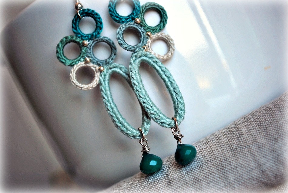 Crochet Earrings with Quartz. Pastel Moss, Teal. Lightweight Jewelry. Boho