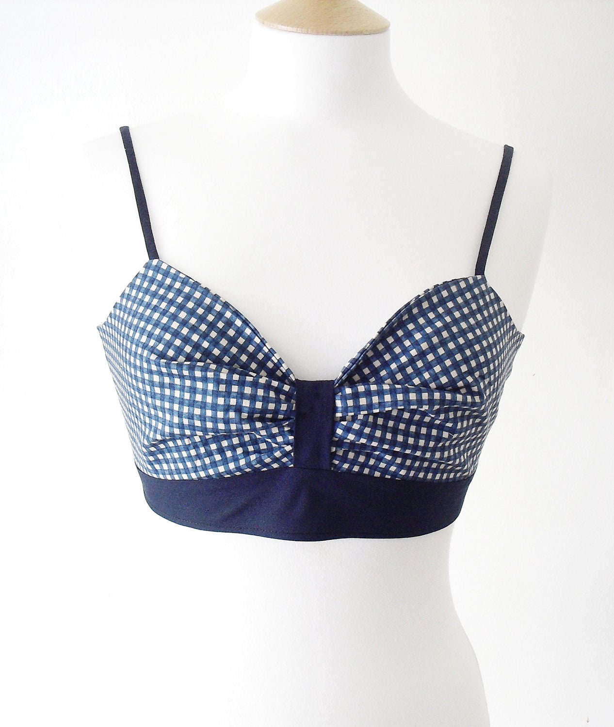 Cropped Bra Top in Blue Gingham Check Size UK 8/US 4