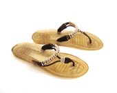 Plastic Flip Flop Sandals Vintage 1980s Black Gold and Silver with Clear and Silver Glitter Soles Thongs Women's size 8