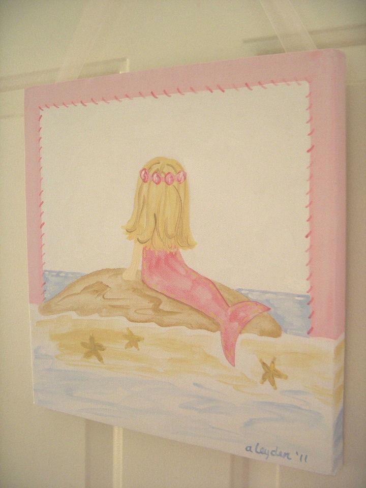 Baby decor Children wall art Nursery painting Kid girl room decor Nursery wall art 12 x 12 pink nautical beach princess "mermaid dreams"