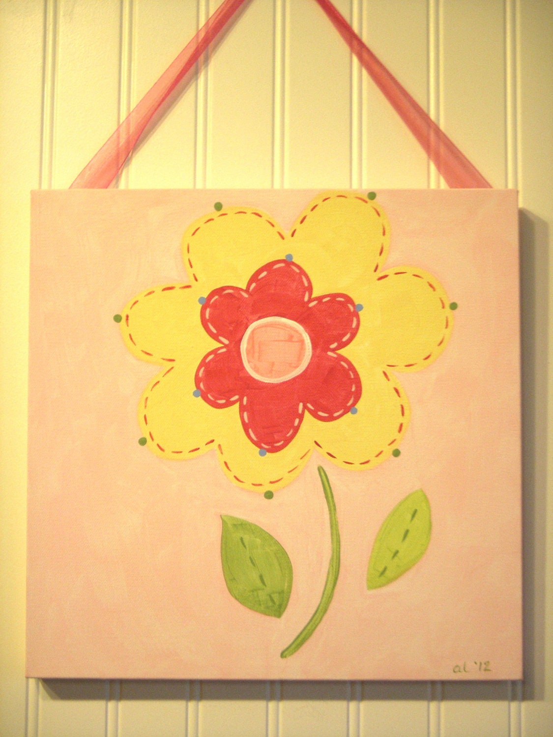 Baby nursery wall art Girl kid room decor Original canvas painting Painted artwork 12 x 12 "yellow spring flower" pink daisy garden floral