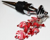 Handmade Wine Stopper Beaded Peppermint Candy Cane Christmas Holiday Gift Red White Silver Crystal Polymer Clay...Peppermint Twist
