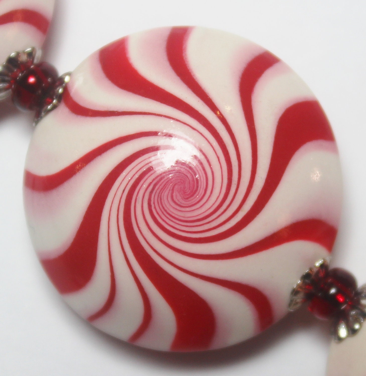 Handmade Polymer Clay Beads Set Lentils Swirl Spiral Red White Silver Bead Caps Jewelry Supplies Christmas Holiday Candy...Peppermint Swirls