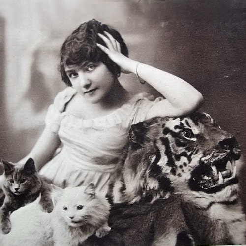 Antique lady and cats photo postcard, 1920s