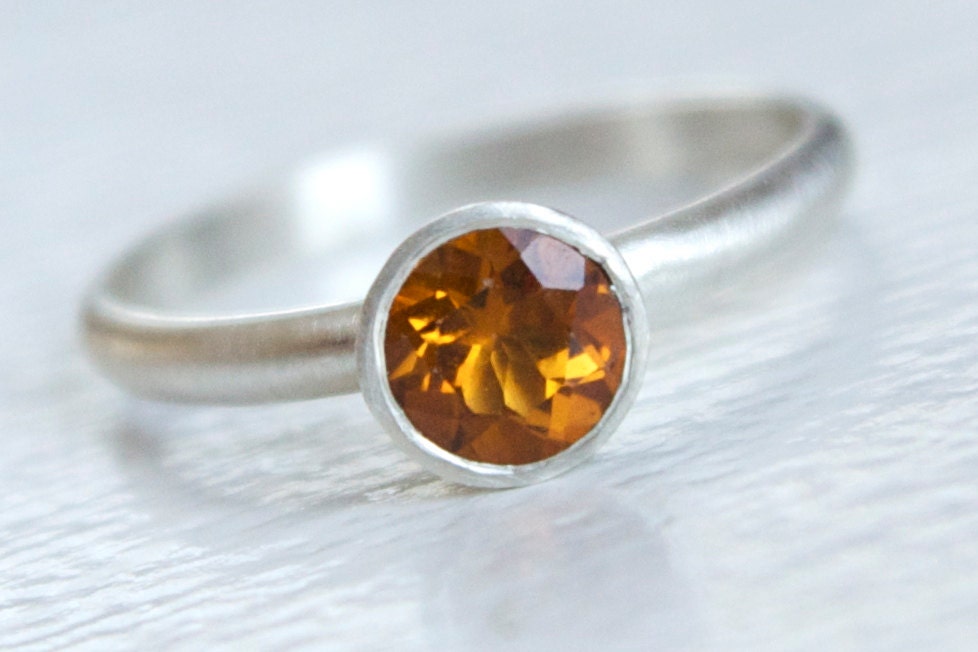 Citrine Ring in Sterling Silver - November Birthstone solitaire stacking ring with tapered bezel modern brushed finish