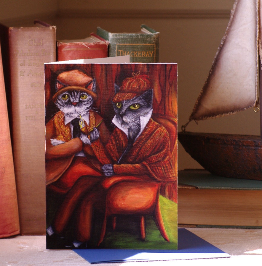 Cats Dressed as Sherlock Holmes and Dr Watson, Blank Art Greeting Card