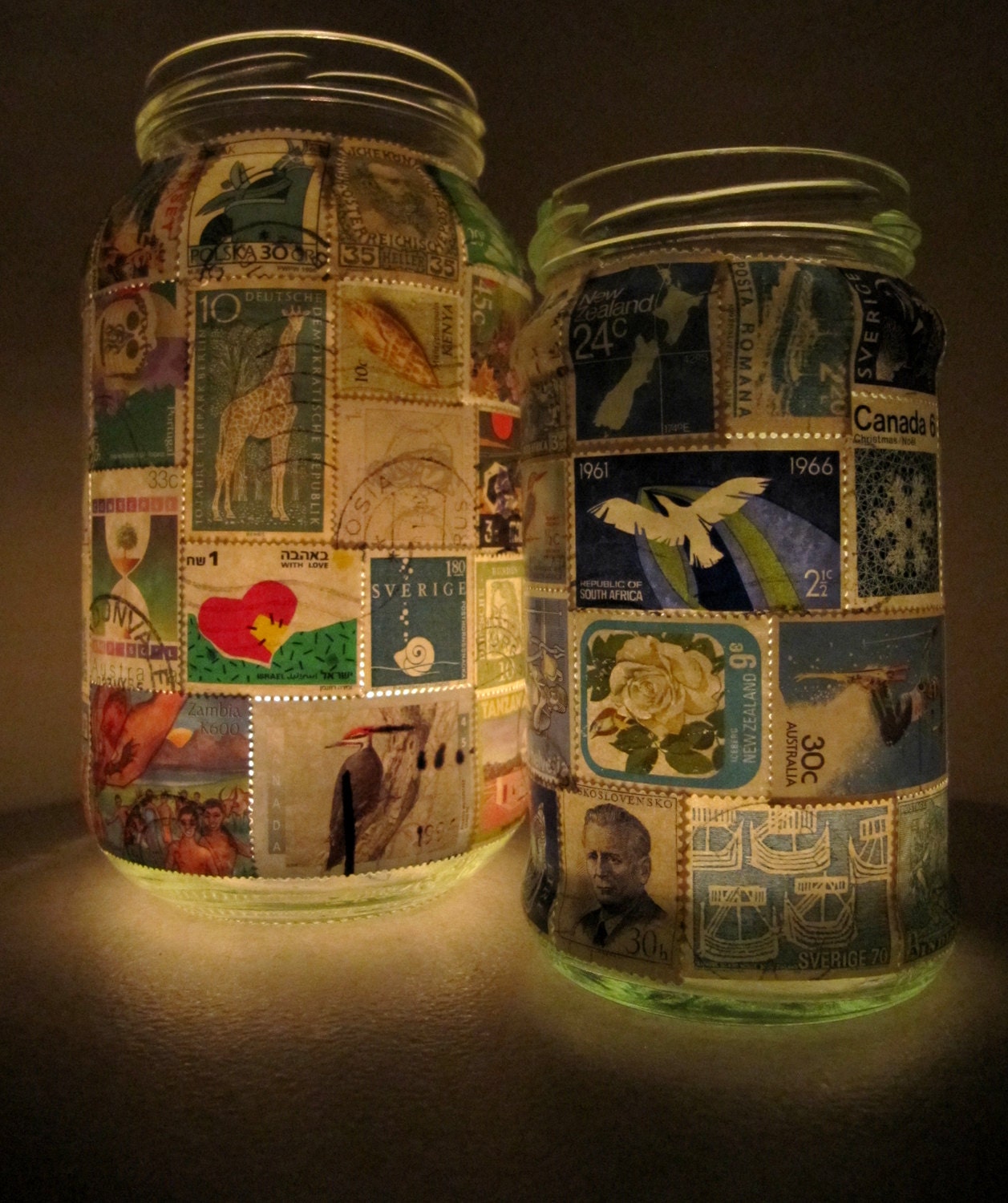 Stamp Lamp - upcycled glass jar tealight candle holder OOAK - blue