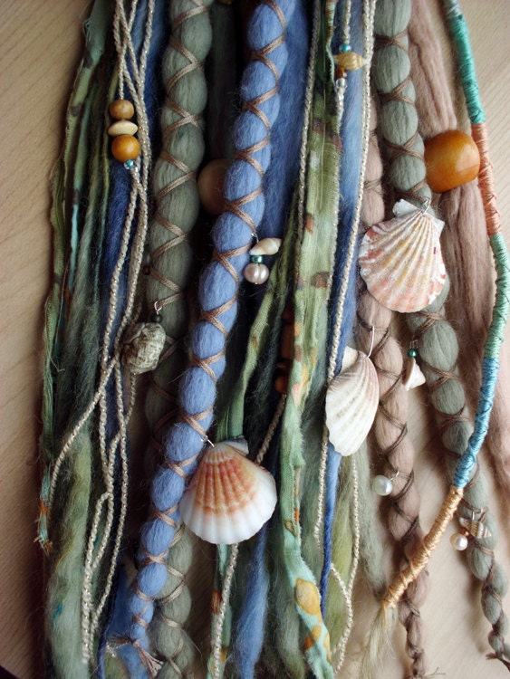 Custom Mermaid Wool Dreads with X-Cross Wrap & Beads Bohemian Hippie Dreadlocks Tribal Falls Boho Extensions Under Water Sea Ocean Shells