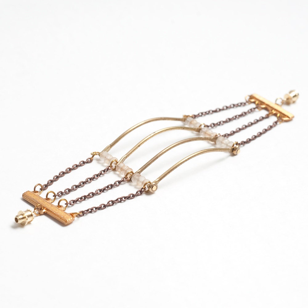 Copper Cable Chain and Curved Brass Bar Cuff with Peach Rondelle Glass Beads