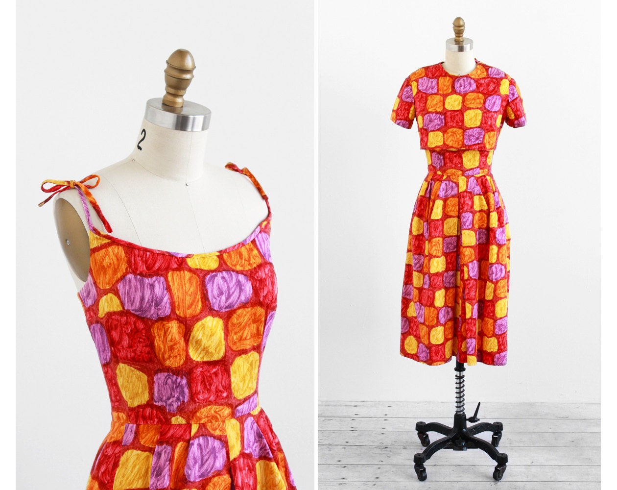 vintage 1960s dress / 60s dress / Red, Yellow, and Purple Abstract Print Dress and Tie Top