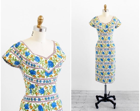 r e s e r v e d - vintage 1950s dress / 50s wiggle dress / Blue Roses Cross Stitch Novelty Print Wiggle Dress