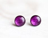 Fuchsia glitter ear posts - Bright sparkling earrings - Holiday jewelry line (E118)